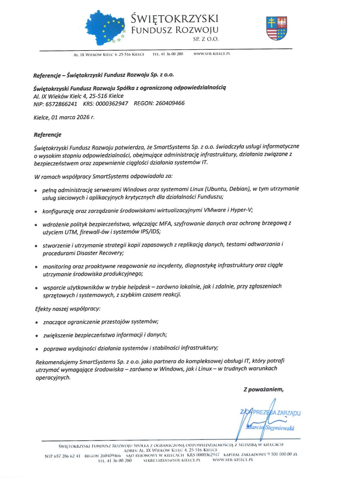 Referencje Świętokrzyski Fundusz Rozwoju Sp. z o.o. dla Smart Systems
