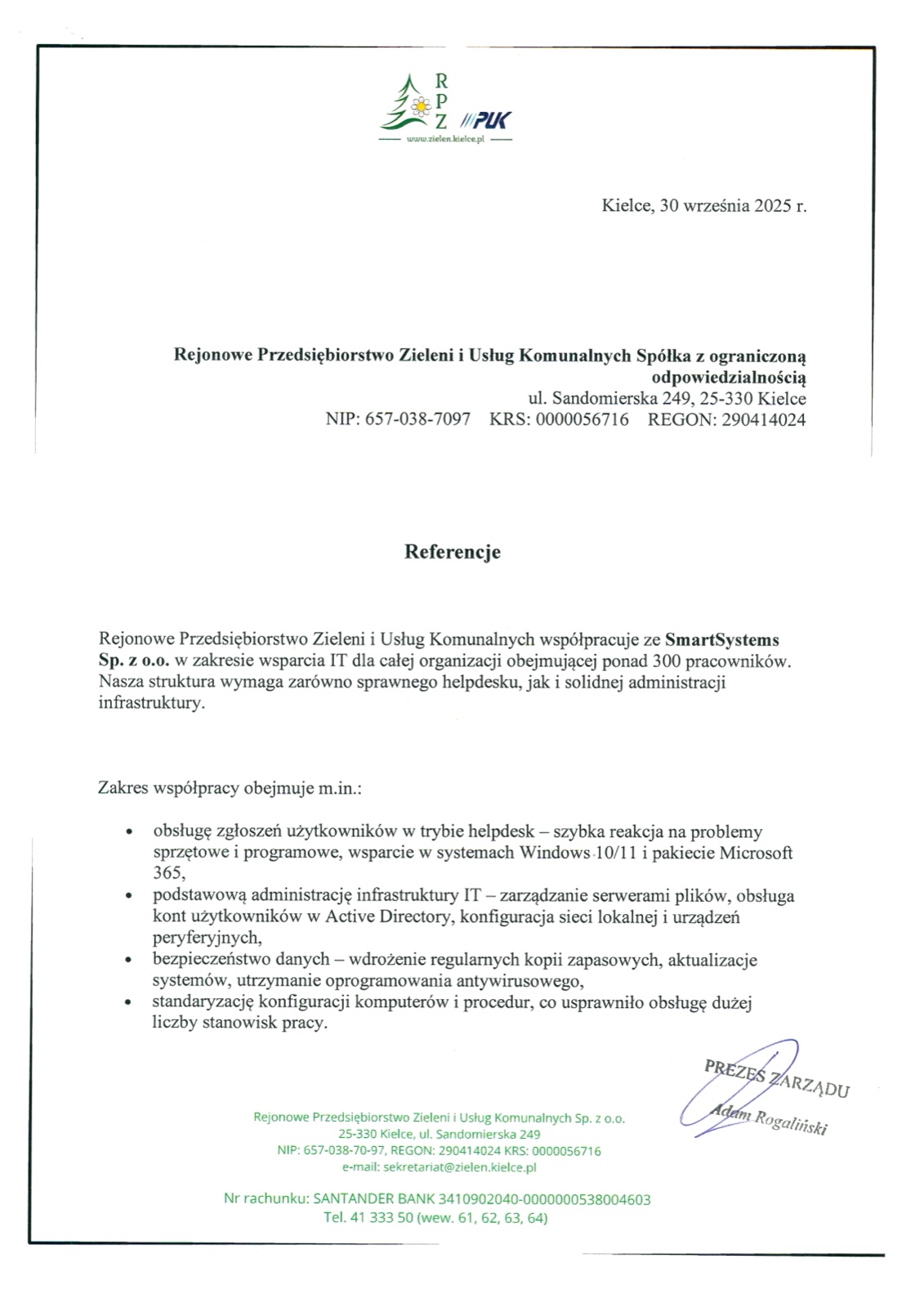 Referencje Rejonowego Przedsiębiorstwa Zieleni i Usług Komunalnych Sp. z o.o. w Kielcach dla Smart Systems